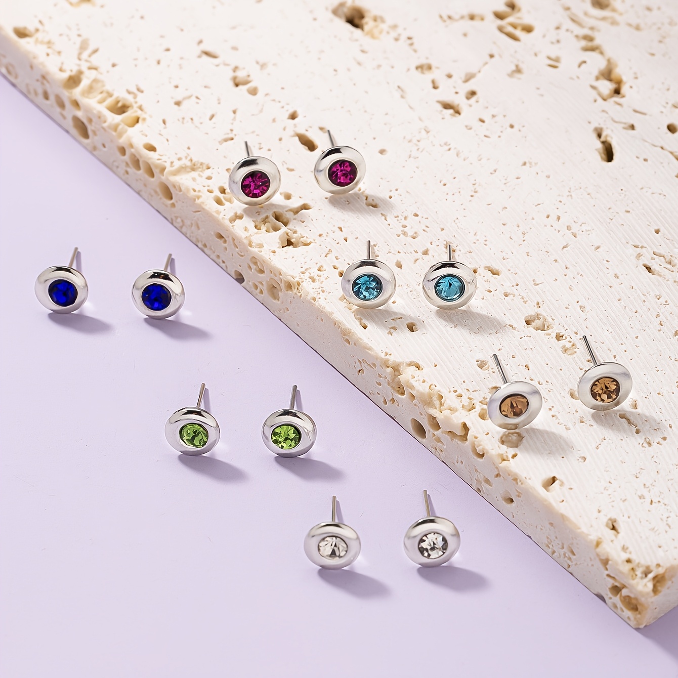 6 Pairs Rhinestone Earrings Set Stainless Steel Iron Crafted